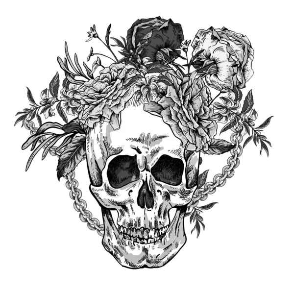 Teschio vettoriale con rose, catene e fiori selvatici Giorno dei morti — Vettoriale Stock