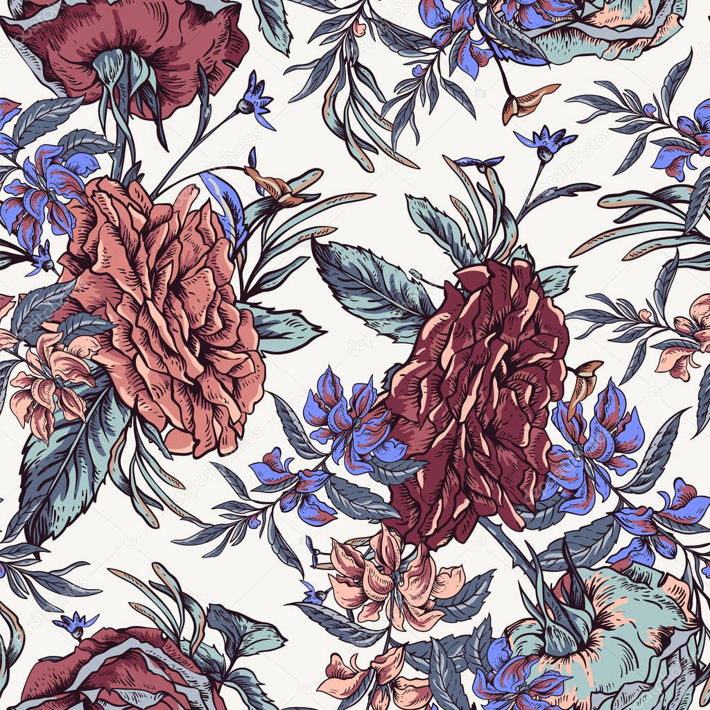 Vector vintage roses and wildflowers seamless pattern. 