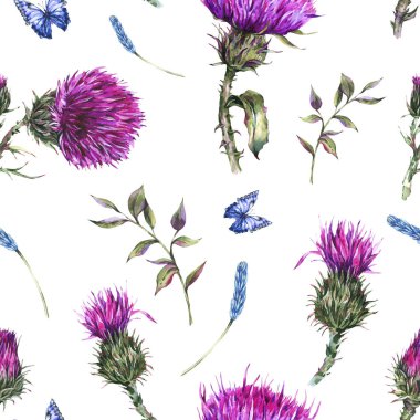 Mavi kelebekler ile suluboya devedikeni dikişler desen, vahşi f