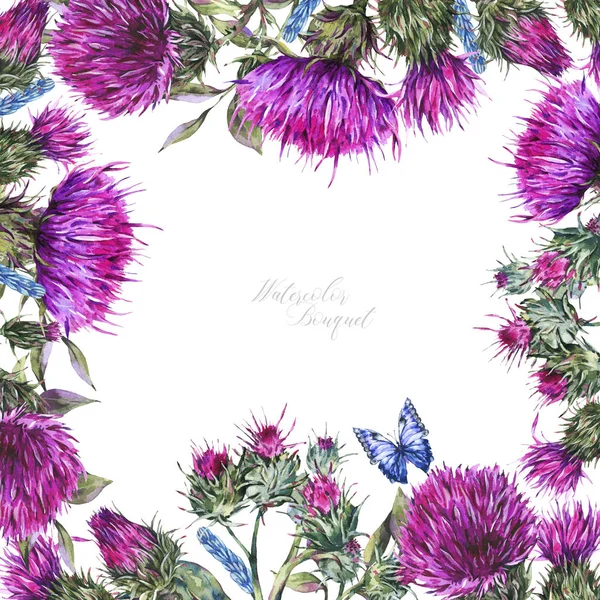 Watercolor frame with thistle, blue butterflies, wild flowers il — Stock Photo, Image