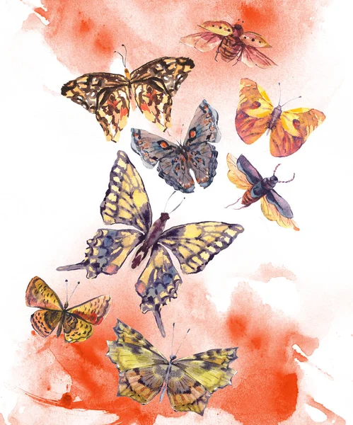 Watercolor brown and yellow butterflies vintage greeting card — Stock Photo, Image