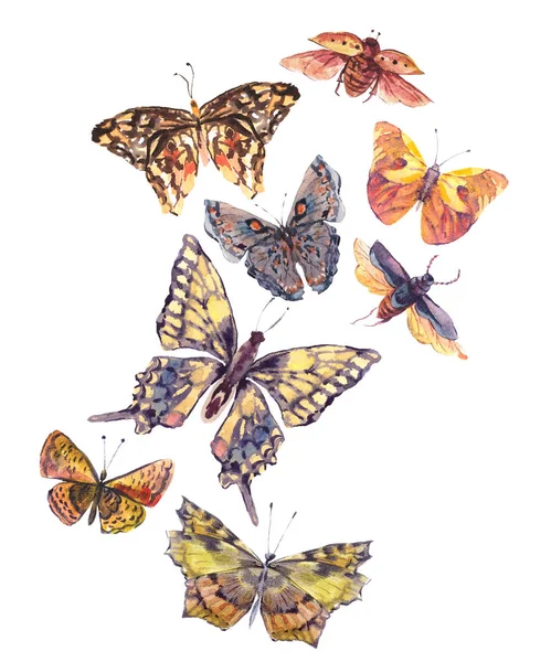 Watercolor brown and yellow butterflies vintage greeting card — Stock Photo, Image