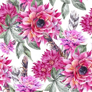 Vintage çiçekler tropikal suluboya dikişsiz desen. Egzotik 