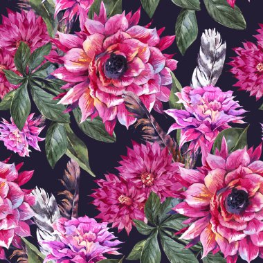 Vintage çiçekler tropikal suluboya dikişsiz desen. Egzotik 