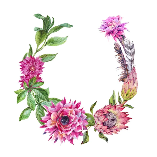 Tropikalny akwarela wieniec z Protea i kolorowych kwiatów. Z exoti — Zdjęcie stockowe