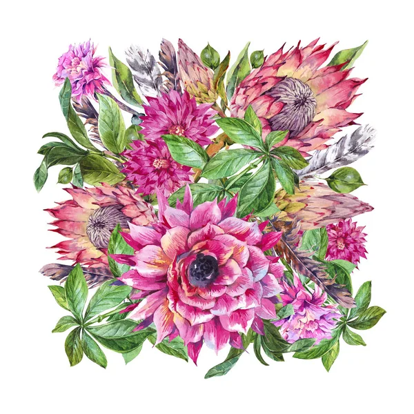 Tropical watercolor greeting card of protea and colorful flowers — Stock Photo, Image