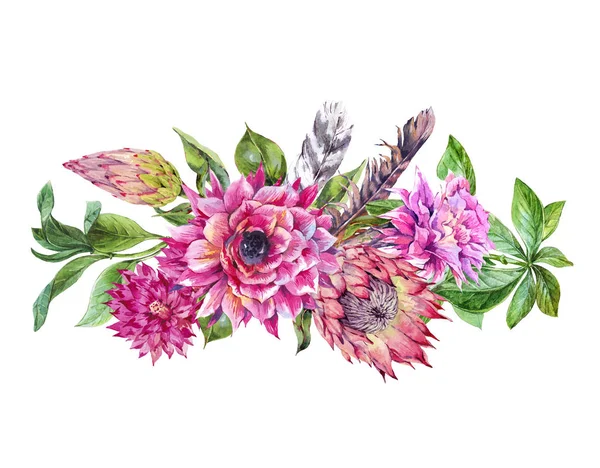 Tropische Aquarell-Grußkarte aus Protea und bunten Blumen — Stockfoto