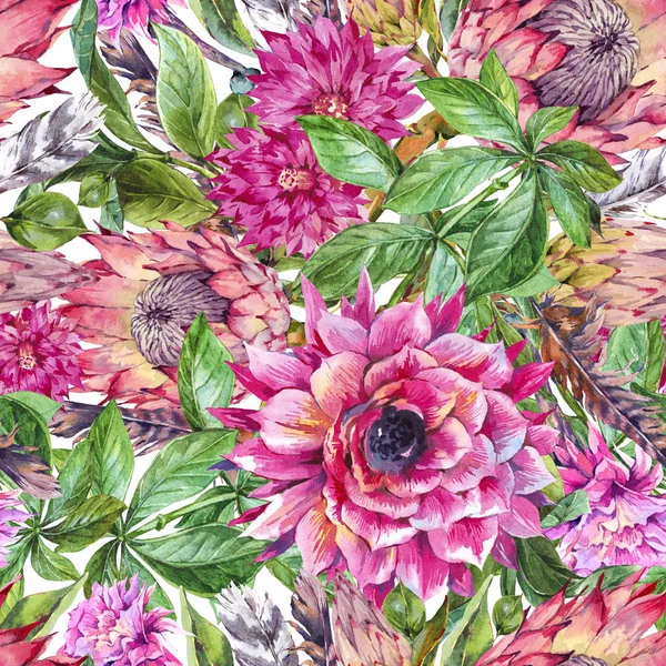 Tropisches Aquarell nahtloses Muster aus Protea und farbenfrohem Fluss — Stockfoto