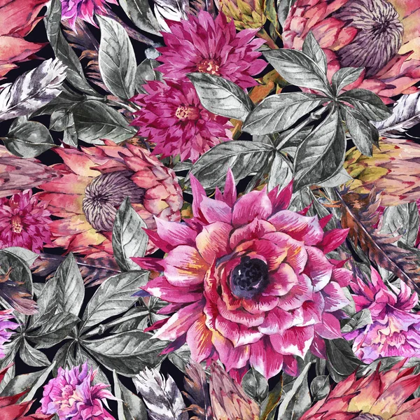 Tropical watercolor seamless pattern of protea and colorful flow — Stock Photo, Image