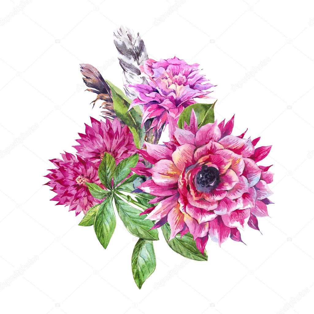 Tropical watercolor set of vintage flowers. Exotic pink flowers,