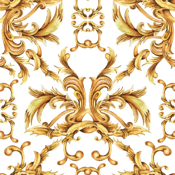 Watercolor golden baroque seamless pattern, rococo ornament text