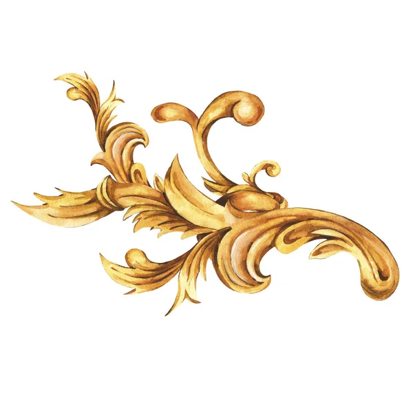 Watercolor golden baroque floral curl, rococo ornament element.