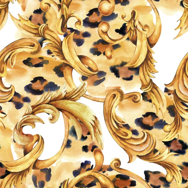 Impression animale aquarelle avec motif baroque doré sans couture, ro — Photo