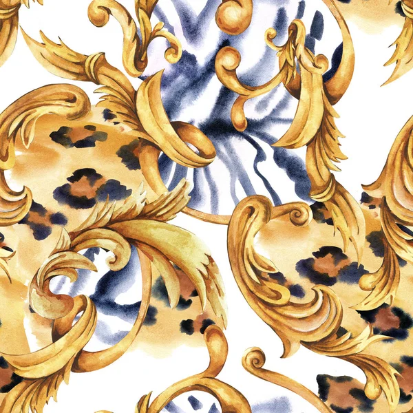 Aquarell Animal Print mit goldenem Barock nahtlosem Muster, ro — Stockfoto