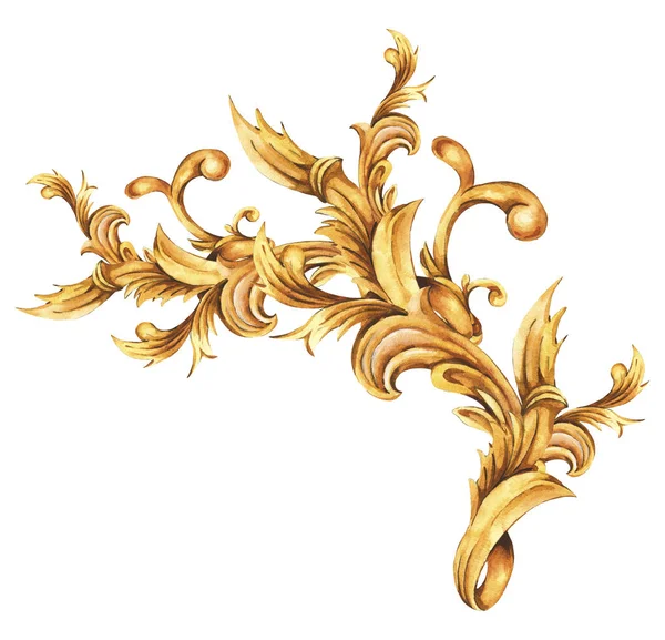 Akvarell gyllene barock blommig curl, rokoko prydnad element. — Stockfoto