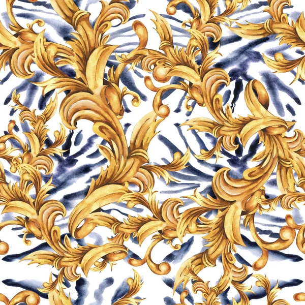 Watercolor animal print with golden baroque seamless pattern, ro — Stock Photo, Image