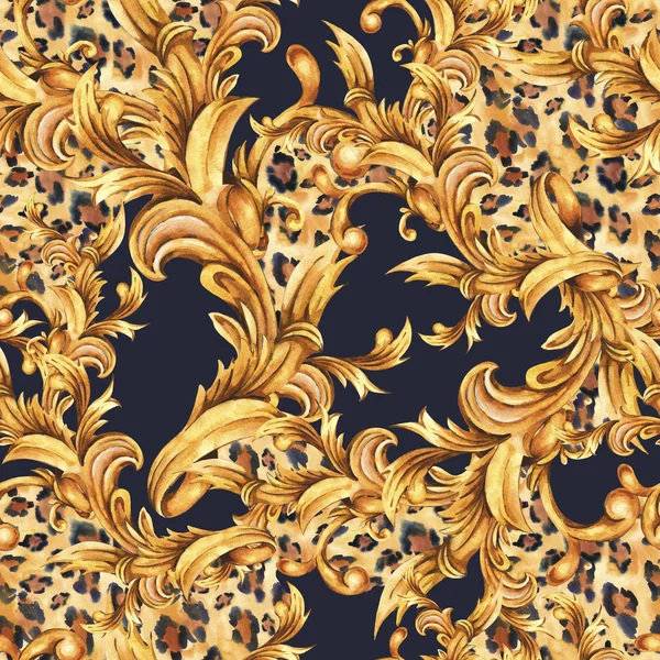 Aquarell Animal Print mit goldenem Barock nahtlosem Muster, ro — Stockfoto