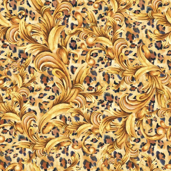 Watercolor animal print with golden baroque seamless pattern, ro — Stock Photo, Image