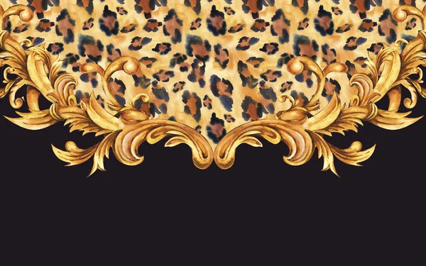 Aquarell Leopard Animal Print mit goldenem barocken Gruß Auto — Stockfoto