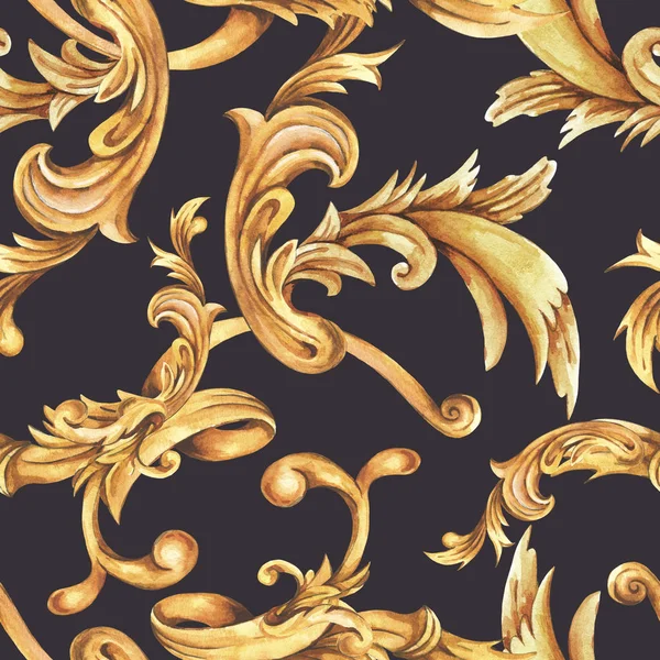 Watercolor golden baroque seamless pattern, rococo ornament text