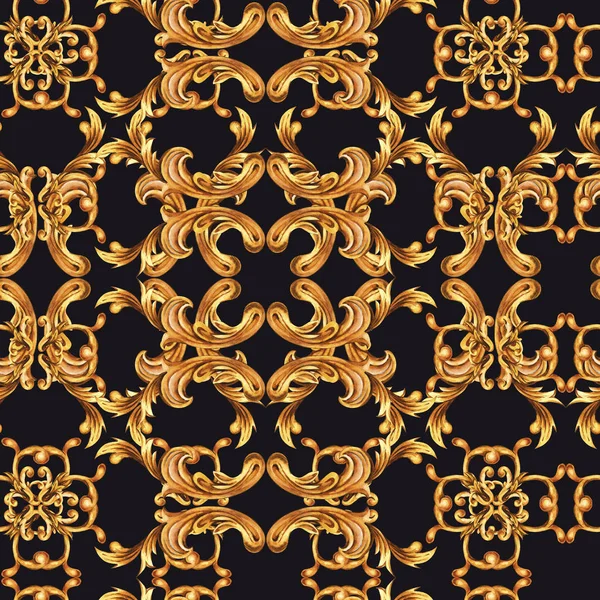 Акварель золотой барокко бесшовный узор, рококо украшения текст — стоковое фото