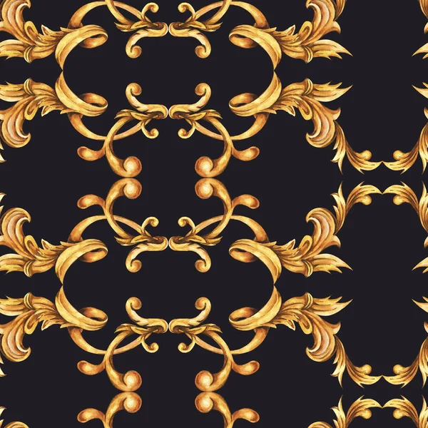 Aquarell goldenes barockes nahtloses Muster, Text mit Rokoko-Ornamenten — Stockfoto
