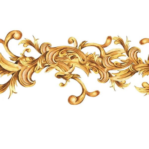Akvarell gyllene barock blommig sömlös kant med curl, Roco — Stockfoto