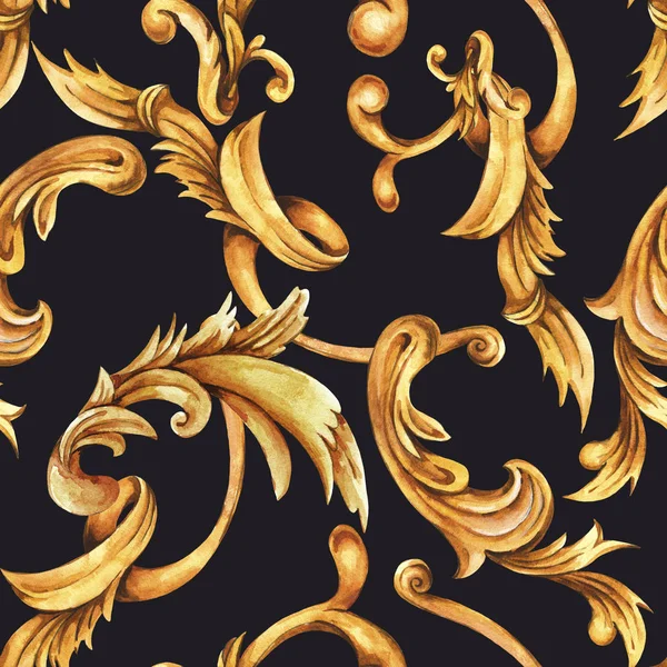 Akvarell gyllene barock sömlösa mönster, rokoko prydnad text — Stockfoto
