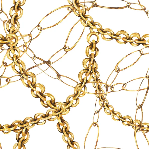 Akwarela złote łańcuchy i pierścienie bezszwowe wzór, moda vinta — Zdjęcie stockowe