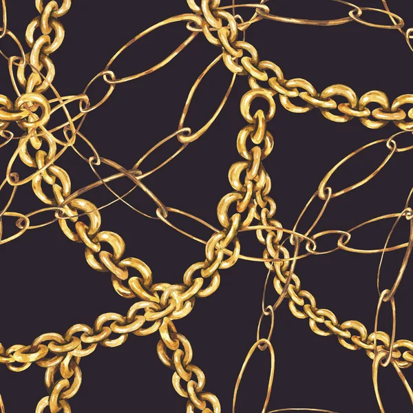 Suluboya altın zincirleri ve yüzük dikişsiz desen, moda vinta — Stok fotoğraf