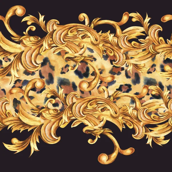 Watercolor seamless border with animal print. Golden baroque roc — Stock Photo, Image