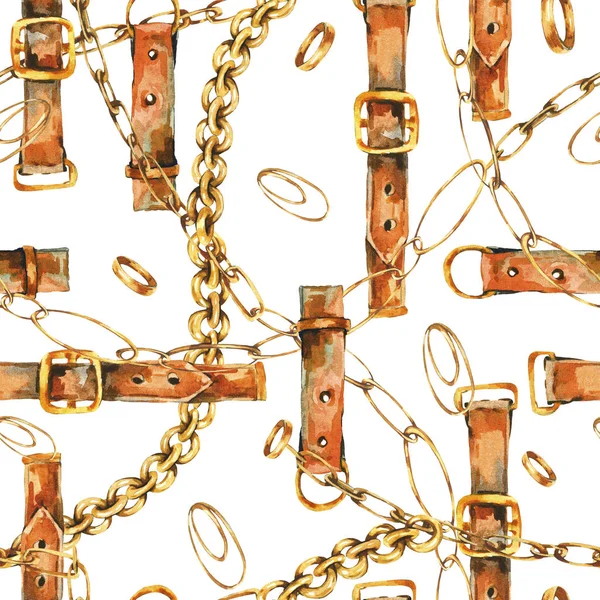 Cinturón de cuero vintage acuarela, anillos de oro y cadenas sin costura — Foto de Stock