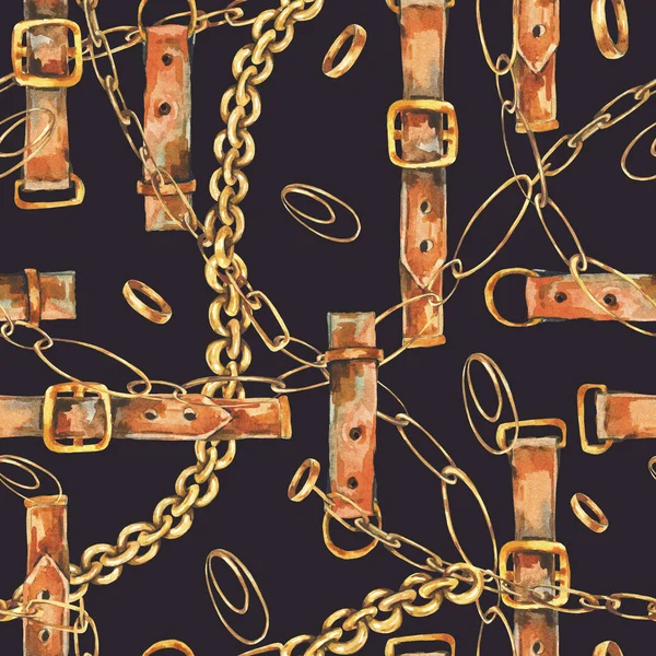 Cinturón de cuero vintage acuarela, anillos de oro y cadenas sin costura — Foto de Stock