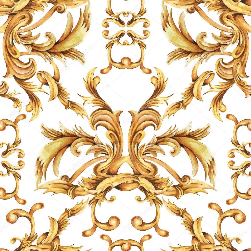 Watercolor golden baroque seamless pattern, rococo ornament text