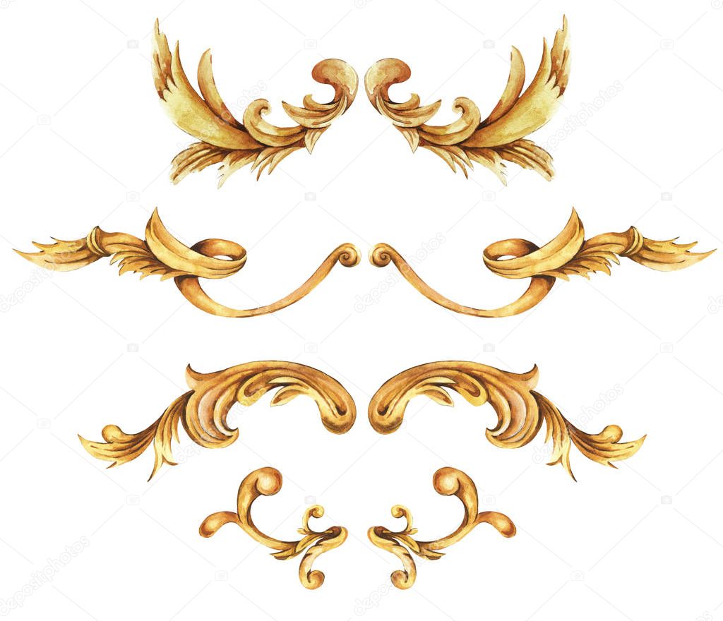 Watercolor set of golden baroque, rococo ornament elements. Hand