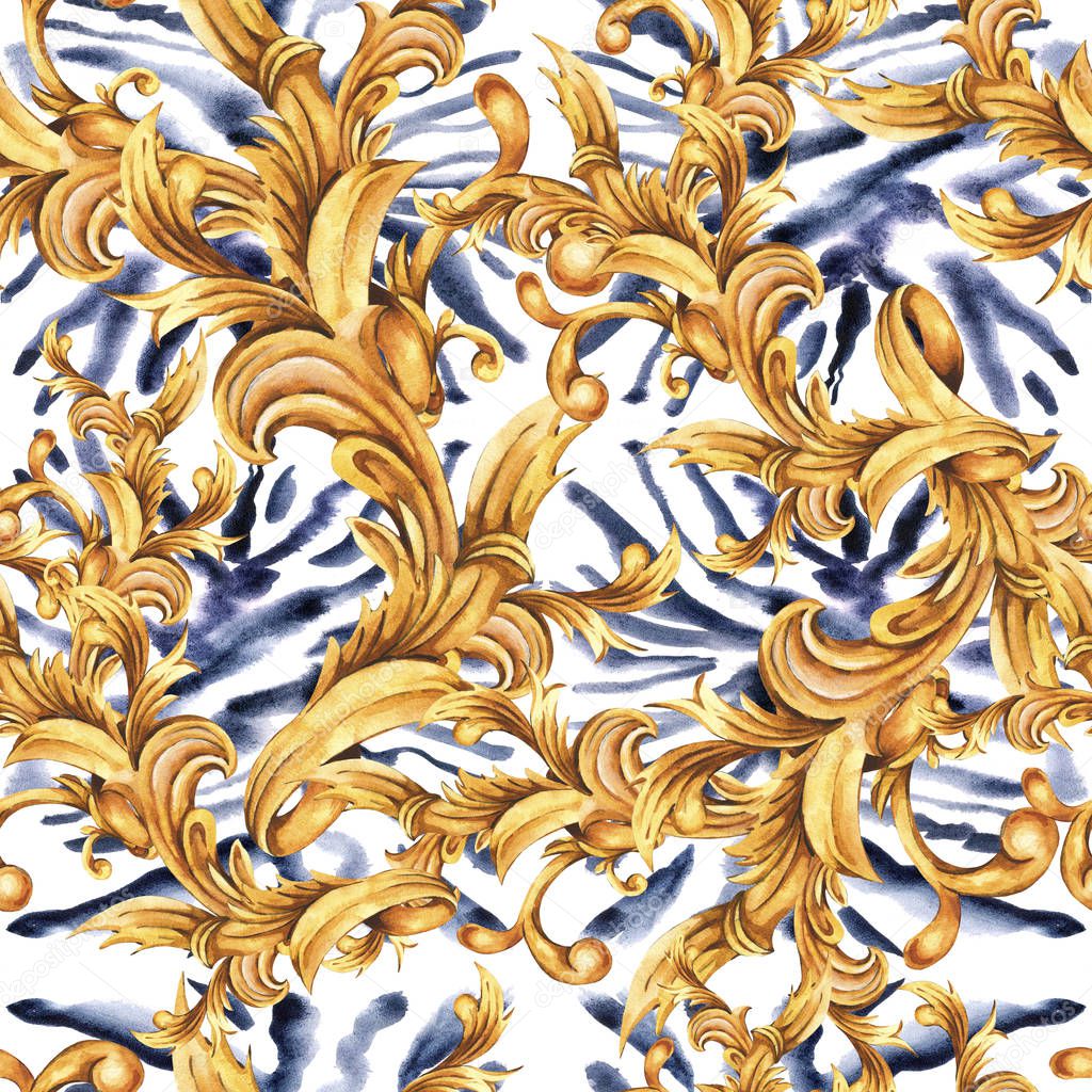 Watercolor animal print with golden baroque seamless pattern, ro