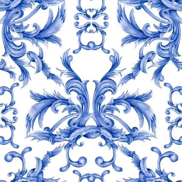 Acquerello blu barocco modello senza cuciture, rococò ornamento textur — Foto Stock