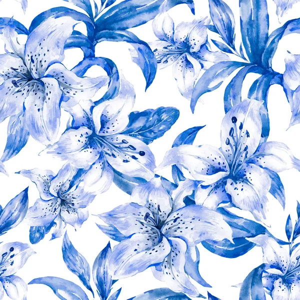White Lily Seamless Pattern, Watercolor Royal Lilies Flowers, Vi