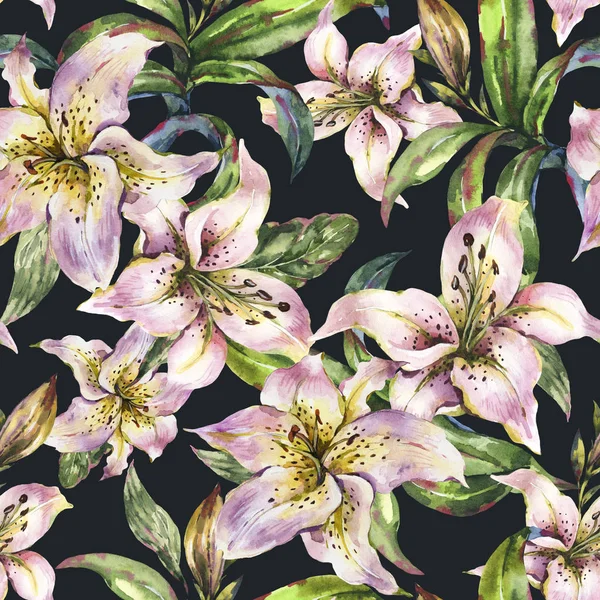 White Lily Seamless Pattern, Watercolor Royal Lilies Flowers, Vi — Stock Photo, Image