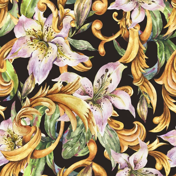 Watercolor golden baroque seamless pattern  with white royal lil