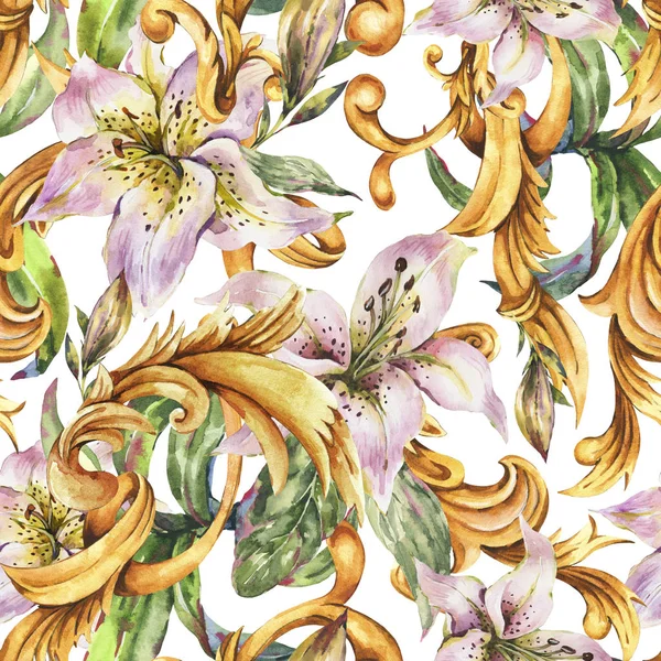 Watercolor golden baroque seamless pattern  with white royal lil