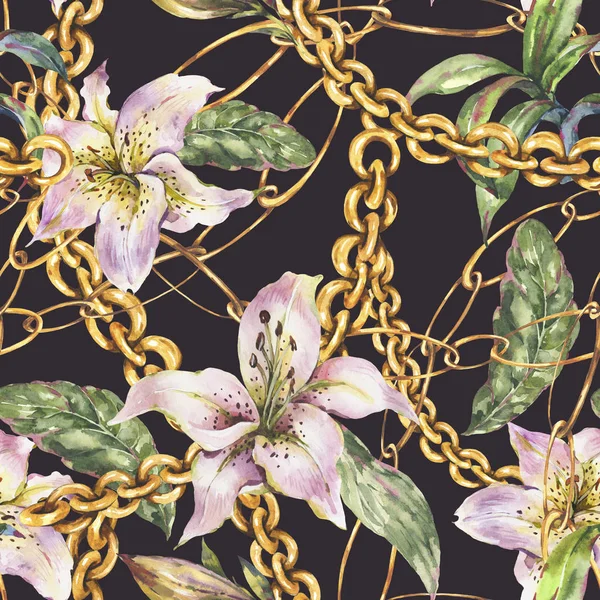 Watercolor gold chains and rings seamless pattern with white roy