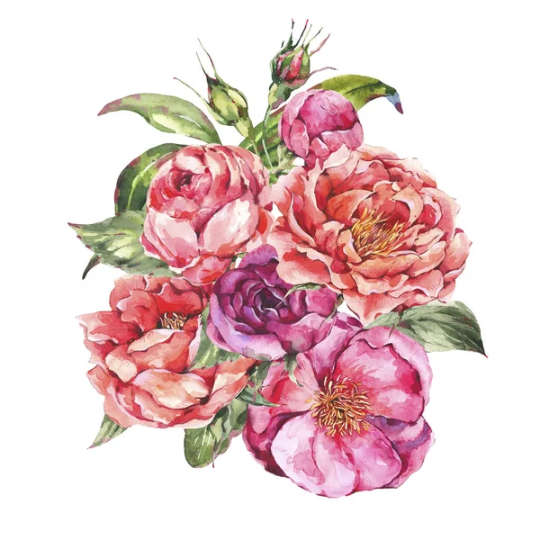 Cartão de saudação aquarela vintage com flores em flor. Rosas e — Fotografia de Stock