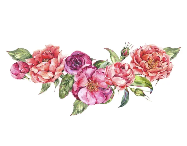 Blahopřání ke starožitnému akvarel s kvetoucí kyticí. Růže a — Stock fotografie