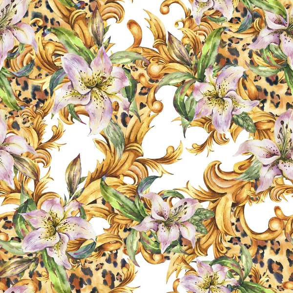 Watercolor golden baroque seamless pattern  with white royal lil — Stock Photo, Image