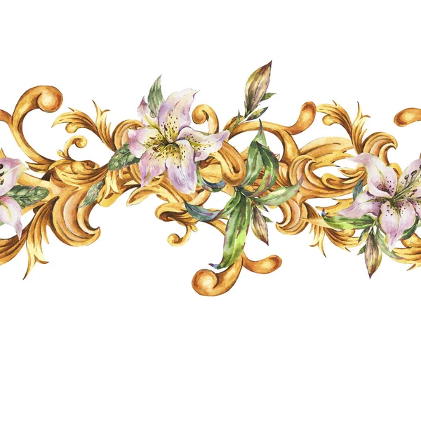 Watercolor golden baroque seamless border with white royal lilie — Stock Photo, Image