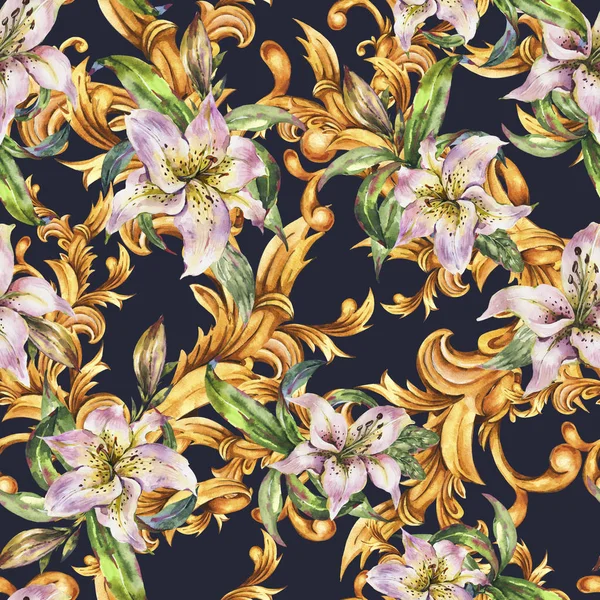 Watercolor golden baroque seamless pattern  with white royal lil — Stock Photo, Image