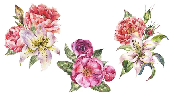 Σετ vintage Υδατογραφίεςμπουκέτα με ανθισμένα λουλούδια. Τριαντάφυλλα, — Φωτογραφία Αρχείου