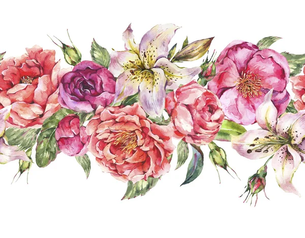 Вінтажний акварель безшовний бордюр з квітучими квітами. Троянди — стокове фото