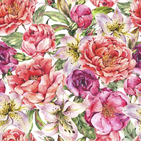 Vintage Watercolor Seamless Pattern with Blooming Flowers. Roses — Stock Photo, Image